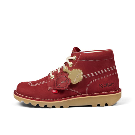 Left side view of Adult Unisex Kick Hi Goldie Boots Red