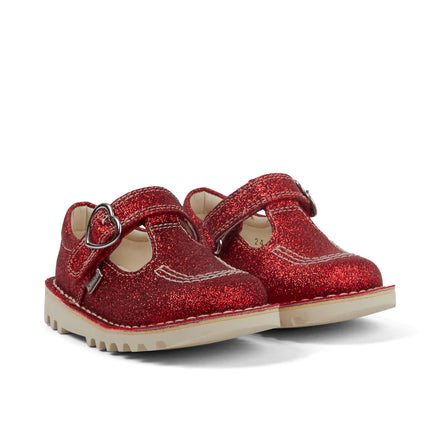 Front ¾ right of Infant Unisex Kick T-Bar Glitter Shoes Red
