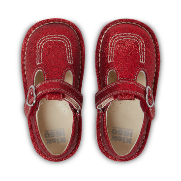 Detail view (Top view mapped) of Infant Unisex Kick T-Bar Glitter Shoes Red