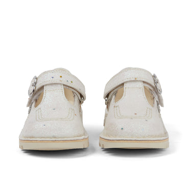Front view of Infant Unisex Kick T-Bar Glitter Shoes White