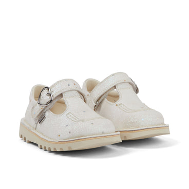Front ¾ right of Infant Unisex Kick T-Bar Glitter Shoes White