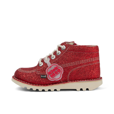 Left side view of Junior Unisex Kick Hi Glitter Shoes Red