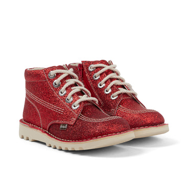 Front ¾ right of Junior Unisex Kick Hi Glitter Shoes Red