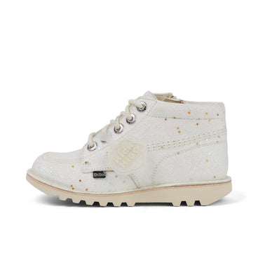 Left side view of Junior Unisex Kick Hi Glitter Boots White