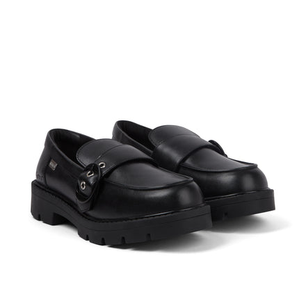 Front ¾ right of Adult Female Kori Monk Strap Leather Black