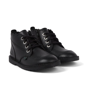 Front ¾ right of Junior Girls Adlar Hi Scallop Leather Boots Black
