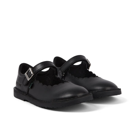 Front ¾ right of Junior Girls Adlar MJ Scallop Leather Black