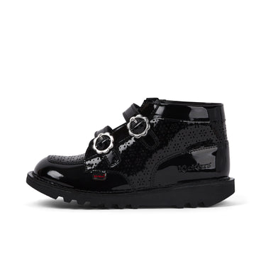 Left side view of Junior Girls Kick Hi Meadow Patent Leather Boots Black