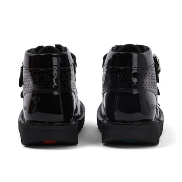 Back view of Junior Girls Kick Hi Meadow Patent Leather Boots Black