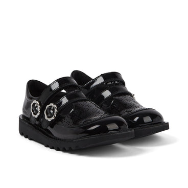 Front ¾ right of Junior Girls Kick T-Bar Meadow Patent Leather Black
