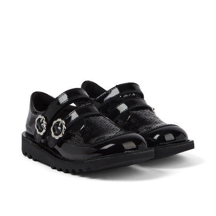 Front ¾ right of Junior Girls Kick T-Bar Meadow Patent Leather Black