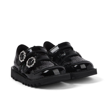 Front ¾ right of Infant Girls Kick T-Bar Meadow Patent Leather Black