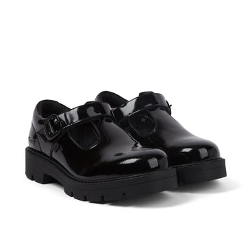 Front ¾ right of Youth Womens Kori Tbar Patent Leather Black