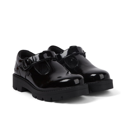Front ¾ right of Youth Womens Kori Tbar Patent Leather Black
