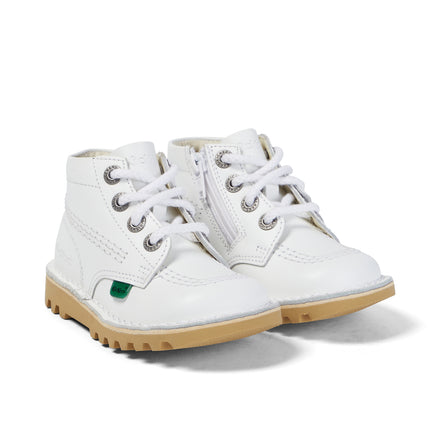 Front ¾ right of Junior Unisex Kick Hi Zip Leather White