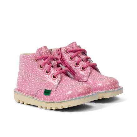 Front ¾ right of Infant Unisex Kick Hi Fruit Patent Leather Pink