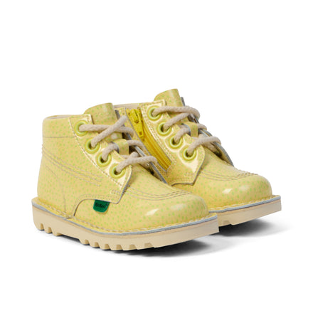 Front ¾ right of Infant Unisex Kick Hi Fruit Patent Leather Yellow