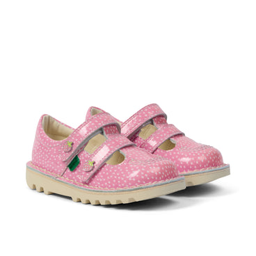 Front ¾ right of Infant Unisex Kick T-Bar Fruit Patent Leather Pink