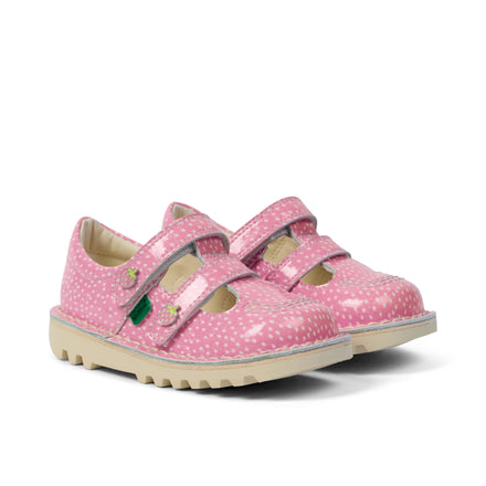 Front ¾ right of Infant Unisex Kick T-Bar Fruit Patent Leather Pink