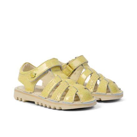Front ¾ right of Infant Unisex Kick Sandal Fruit Light Yellow