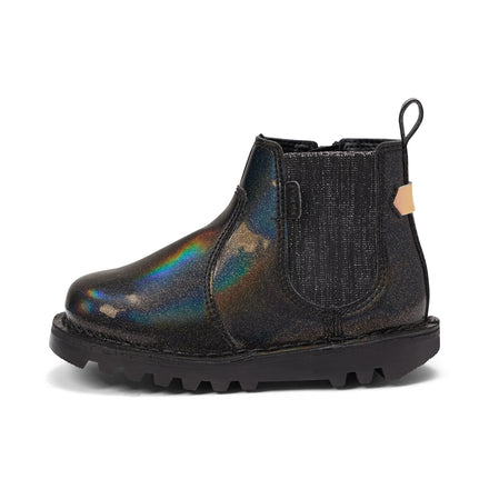Left side view of Infant Girls Kick Chelsea Synthetic Leather Black/Black