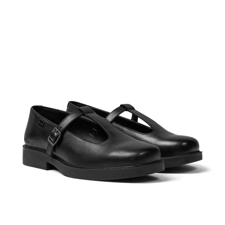 Front ¾ right of Adult Womens Maisey T-Bar Leather Black