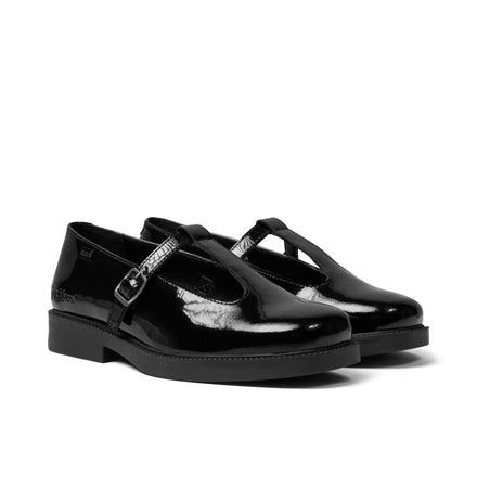 Front ¾ right of Adult Womens Maisey T-Bar Patent Leather Black