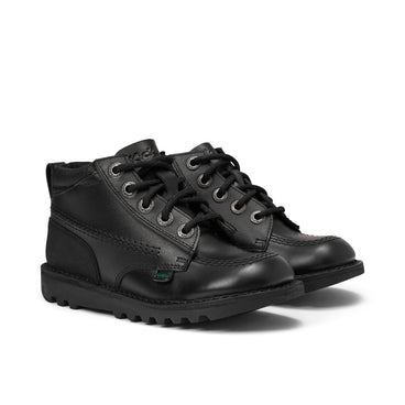 Front ¾ right of Junior Boys Kick Hi Reflective Leather Black