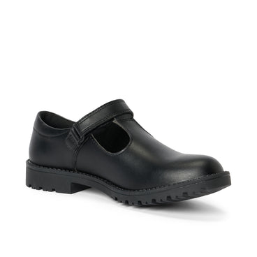 Front ¾ right of Youth Womens Lachly T-Bar Synthetic Leather Black