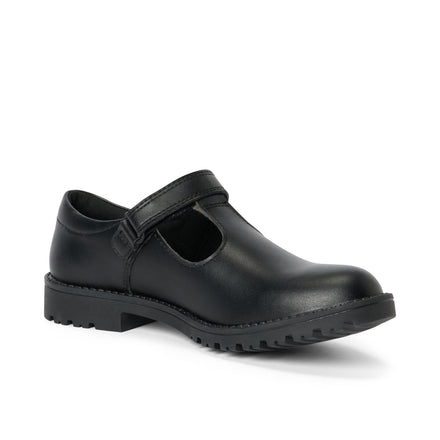 Front ¾ right of Youth Womens Lachly T-Bar Synthetic Leather Black