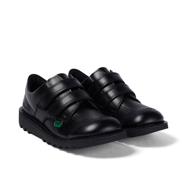 Front ¾ right of Junior Unisex Kick Lo Twin Vel Leather Black