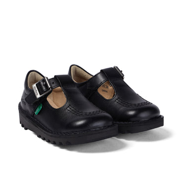 Front ¾ right of Infant Girls Kick T Bar Leather Black