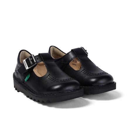 Front ¾ right of Infant Girls Kick T Bar Leather Black